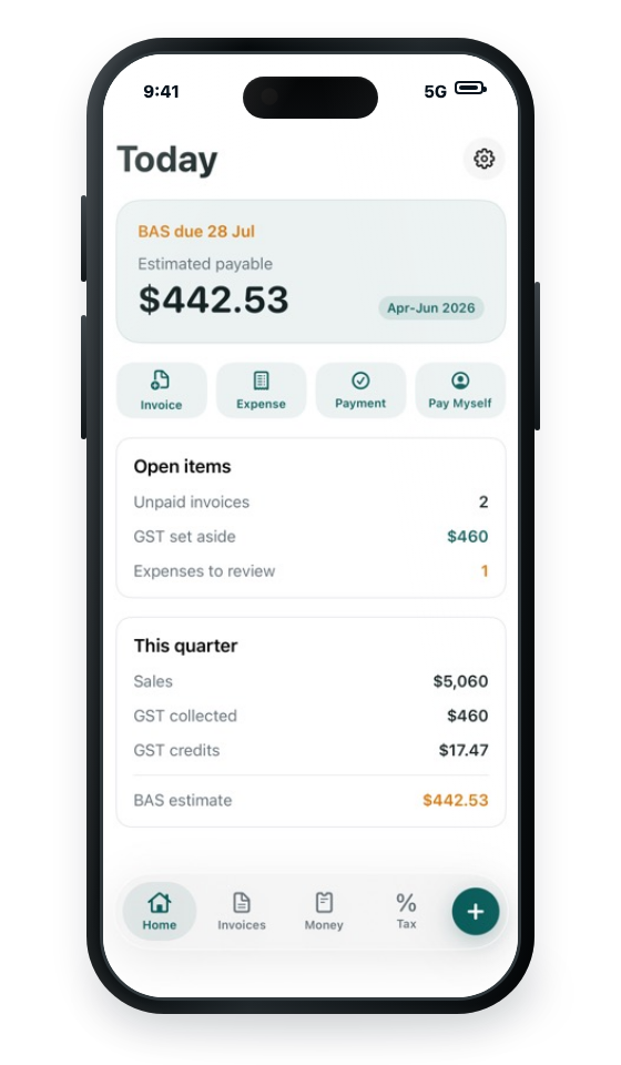 InvBAS running on an iPhone 17 Pro showing BAS due, open items, and quarterly GST summary.
